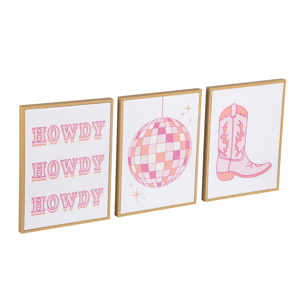 Mainstays 3 Pc Set Pink Western Theme Wall Art, Howdy, Boot, and Disco Globe