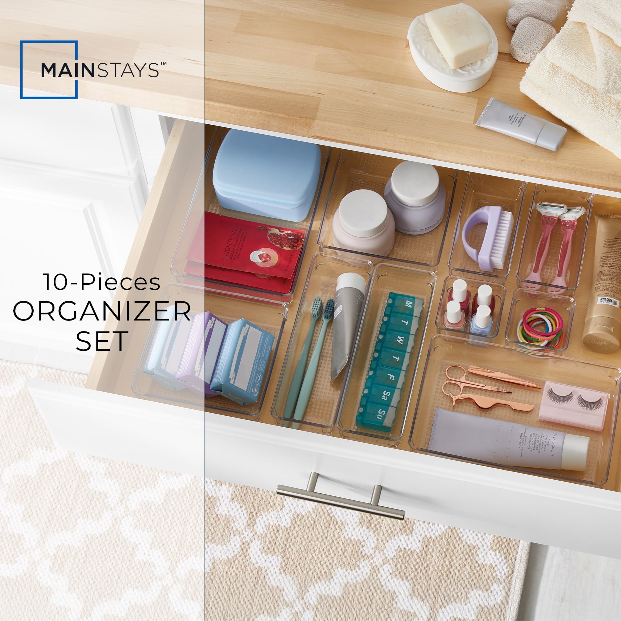 Mainstays 10-Piece Organizer Set Clear Plastic for Bathroom Storage