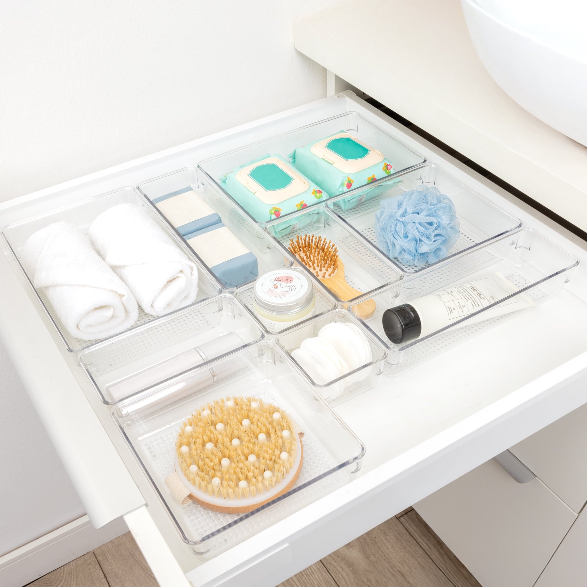 Mainstays 10-Piece Organizer Set Clear Plastic for Bathroom Storage