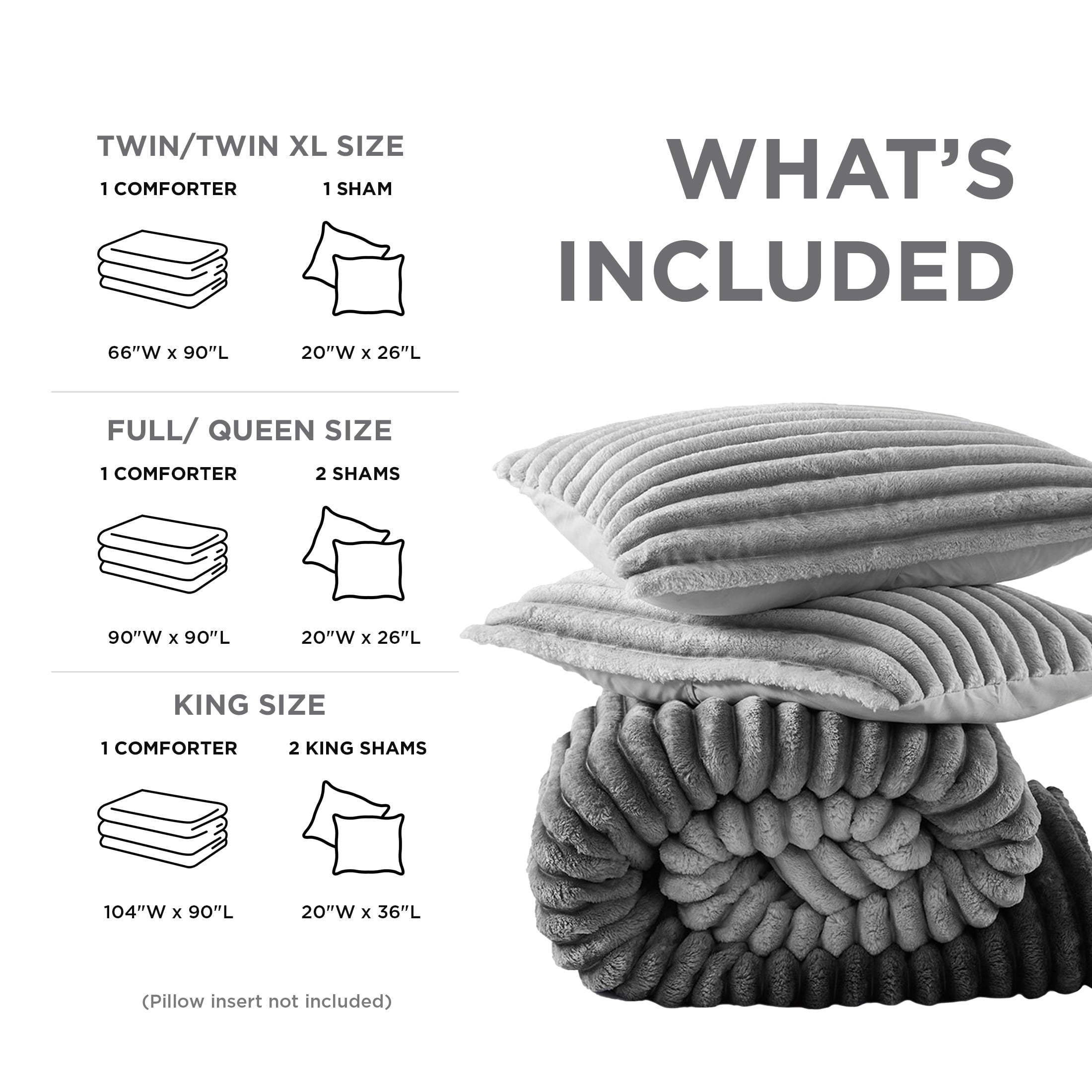 Regency Heights King/Cal King Fluffy Ribbed Plush Comforter Set 3-Piece Bedding Set Grey Ombre
