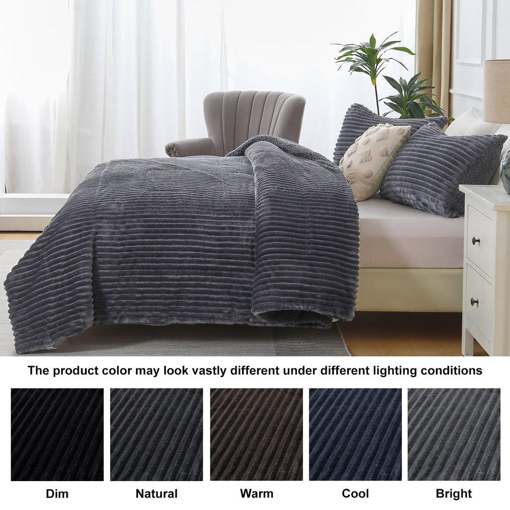 Jessy Home 3 Piece Fleece Queen Comforter Set - Soft & Warm Fluffy Dark Gray Sherpa Bedding , Fuzzy Heavy Double Sided Design Winter Comforter with 2 Pillow Cases