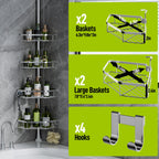 LazySpin 4-Tier Corner Shower Caddy Tension Pole, Fits 37.8”-124”, Silver
