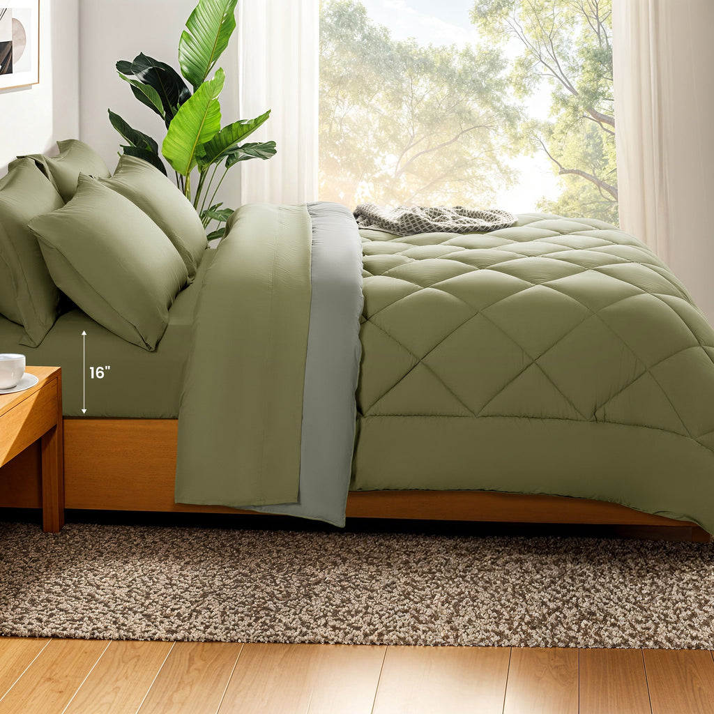 Sonoro Kate Queen Comforter Set Sage Green, Bed in a Bag 7 Pieces, Luxury Soft All-Season Bedding Set with Down Alternative Comforter, 1 Flat & 1 Fitted Sheets, 2 Pillowcases & 2 Shams