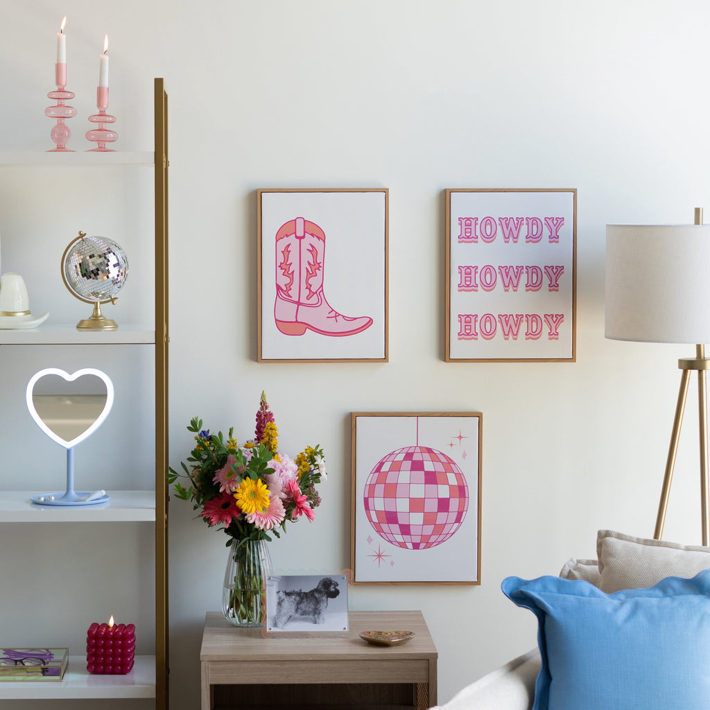Mainstays 3 Pc Set Pink Western Theme Wall Art, Howdy, Boot, and Disco Globe