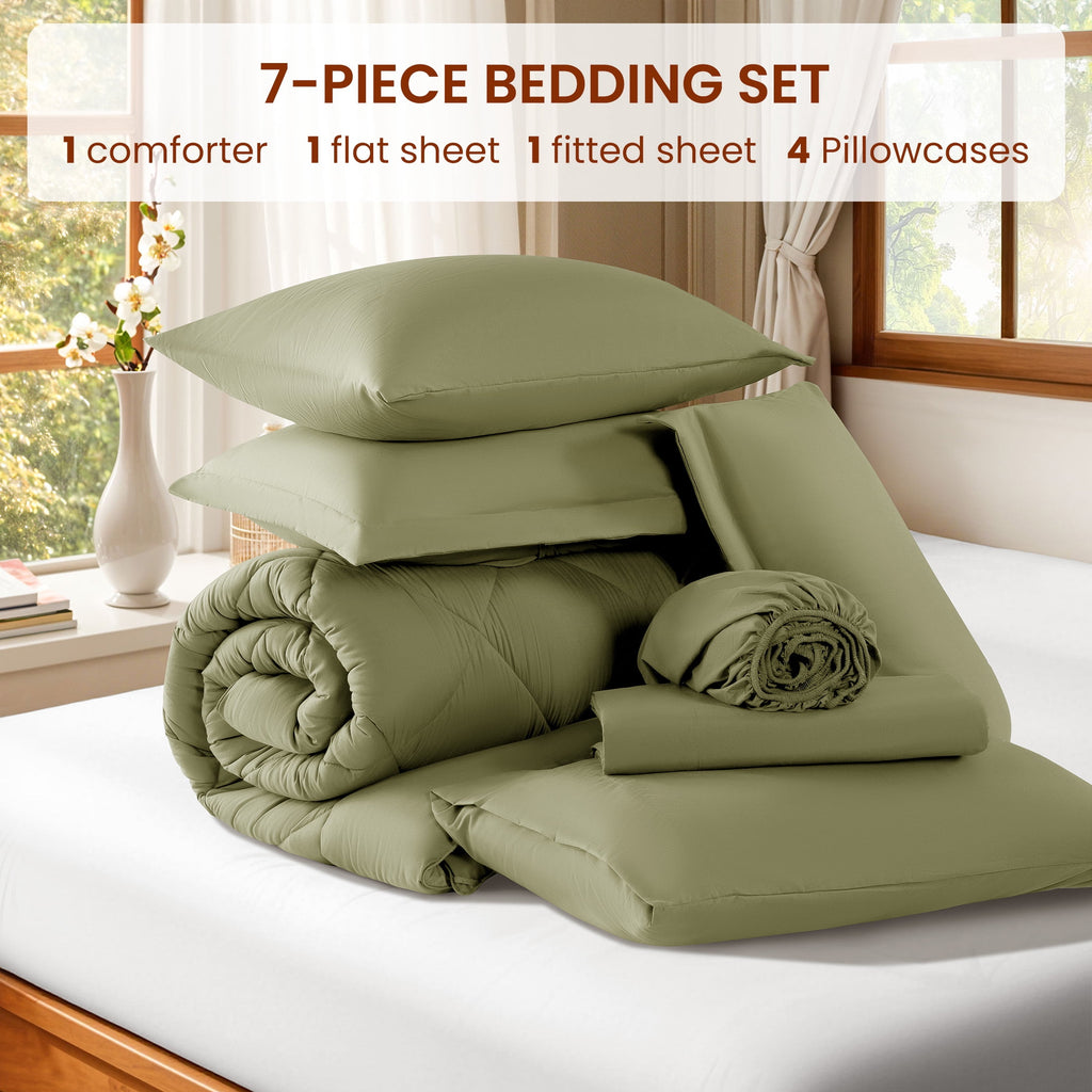 Sonoro Kate Queen Comforter Set Sage Green, Bed in a Bag 7 Pieces, Luxury Soft All-Season Bedding Set with Down Alternative Comforter, 1 Flat & 1 Fitted Sheets, 2 Pillowcases & 2 Shams