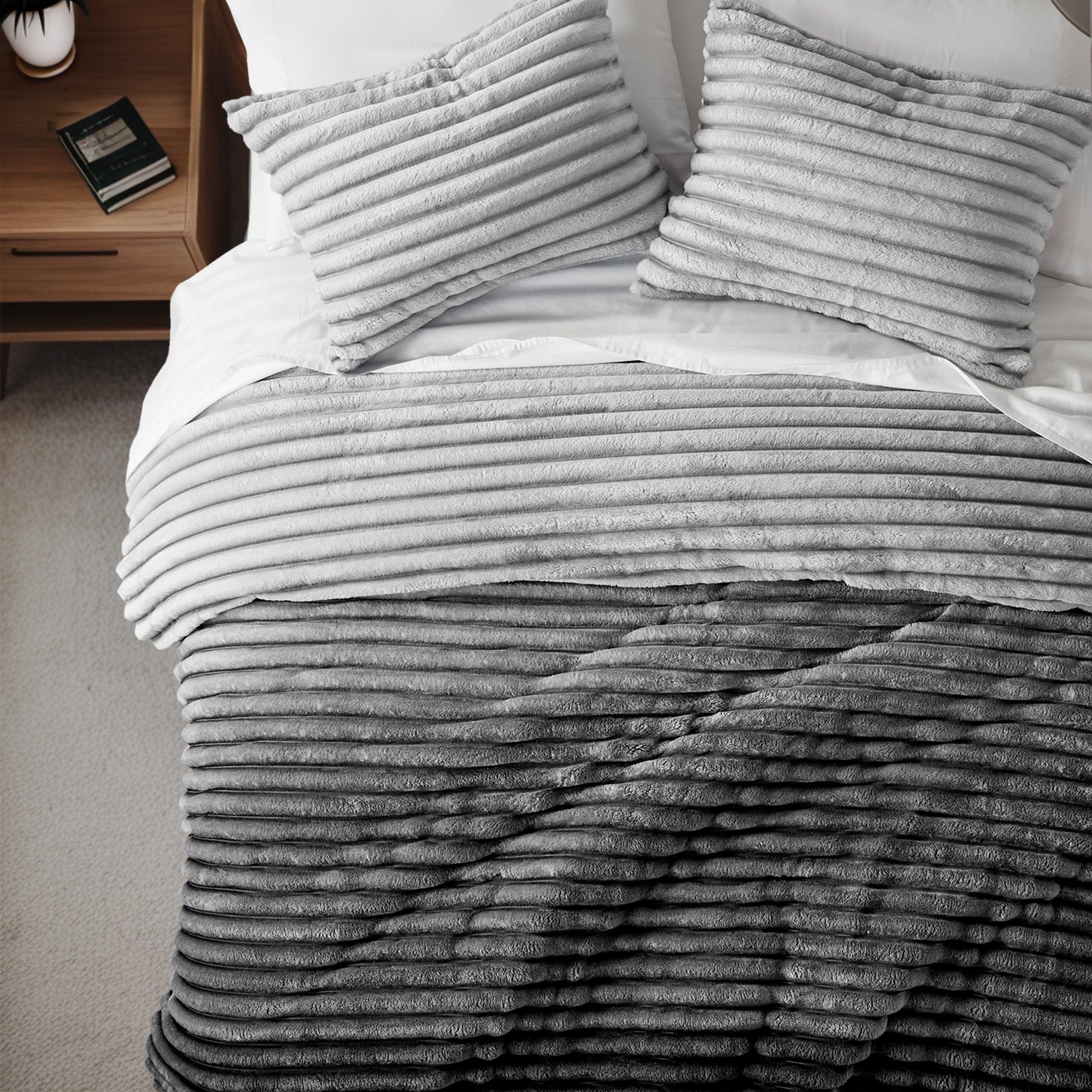 Regency Heights King/Cal King Fluffy Ribbed Plush Comforter Set 3-Piece Bedding Set Grey Ombre