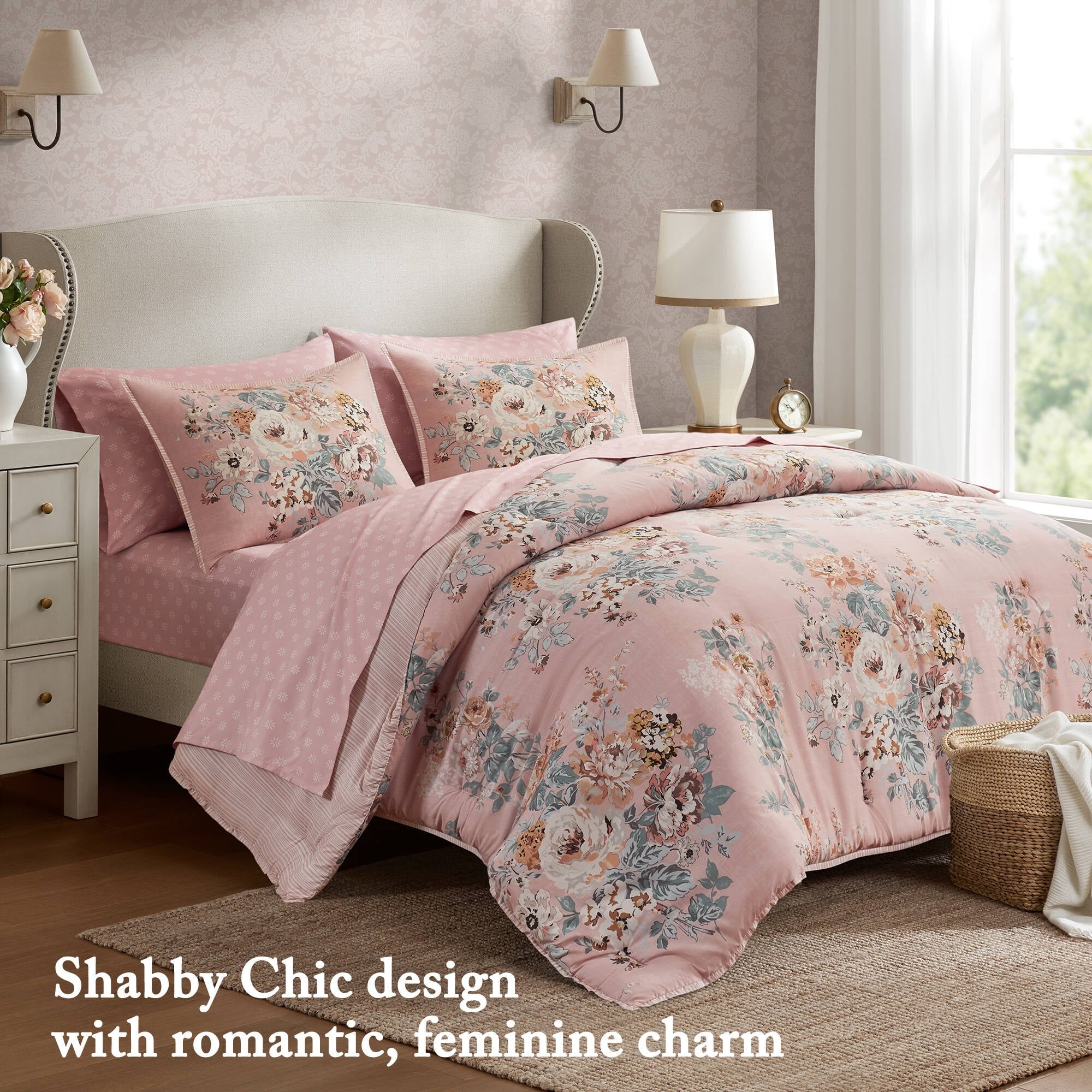 Regency Heights Queen Size Comforter Sets, Pink Vintage Floral Bed in a Bag Queen, 7 Pieces Bedding Comforter Set with Bed Sheets and Pillowcases