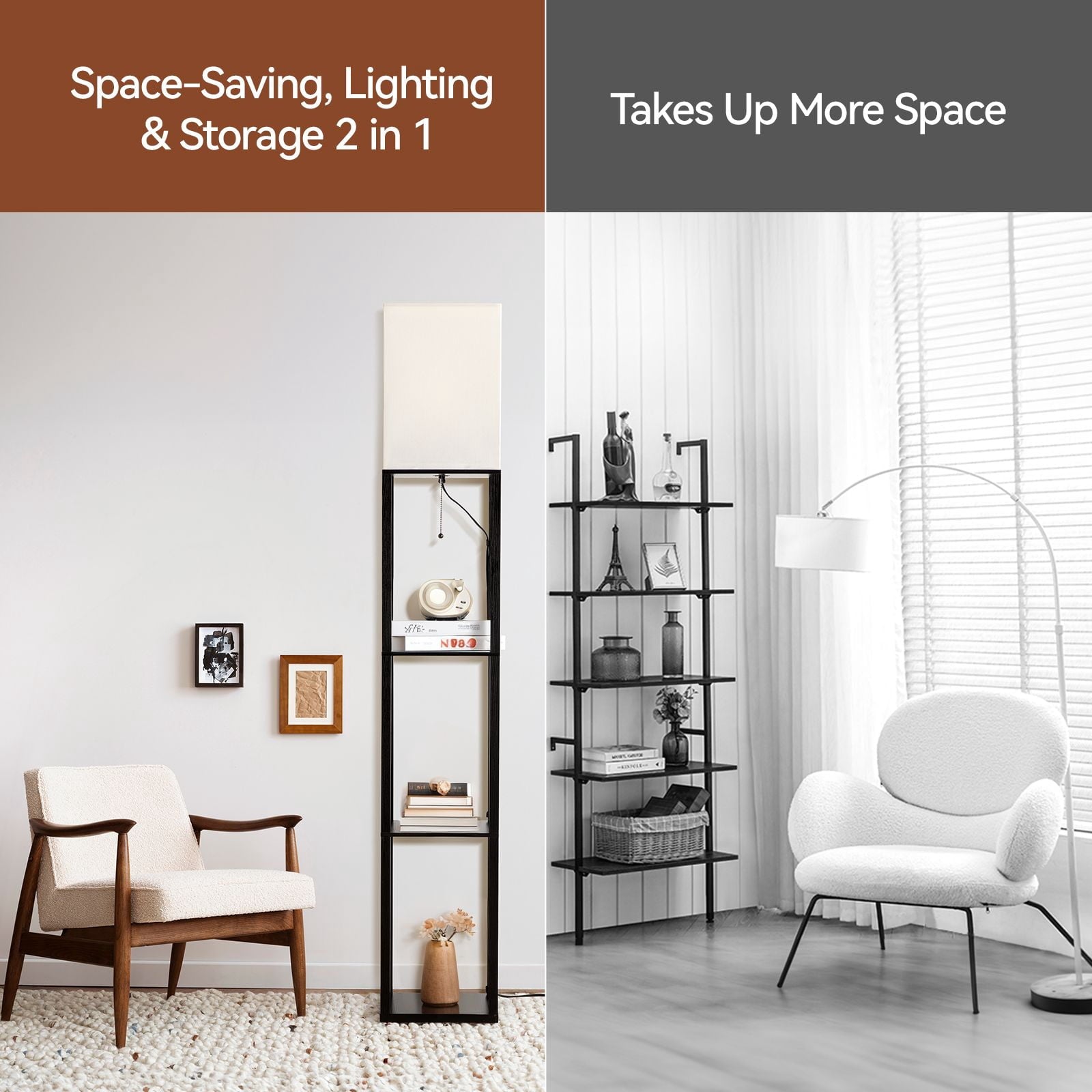 SUNMORY 63'' Floor Lamps with Shelves, Home Standing  Lamp, Include 1000 Lumens Lighting Bulbs, Shelf Floor Lamp, Black Floor Lamps for Living Room, Bedroom, Lamp with Storage Dustproof, UL Certified