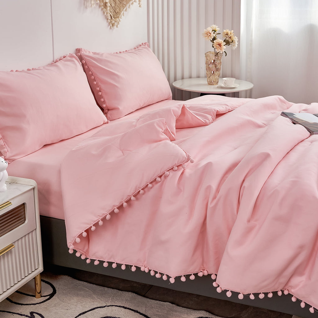 RYNGHIPY Pink Full Size Comforter Set Pom Fringe 3 Pcs Boho Chic Cute Ball Pom Blush Bedding Set Cali Soft Lightweight Solid Bed Set (1 Pom Comforter, 2 Pillowcases)