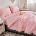 RYNGHIPY Pink Full Size Comforter Set Pom Fringe 3 Pcs Boho Chic Cute Ball Pom Blush Bedding Set Cali Soft Lightweight Solid Bed Set (1 Pom Comforter, 2 Pillowcases)
