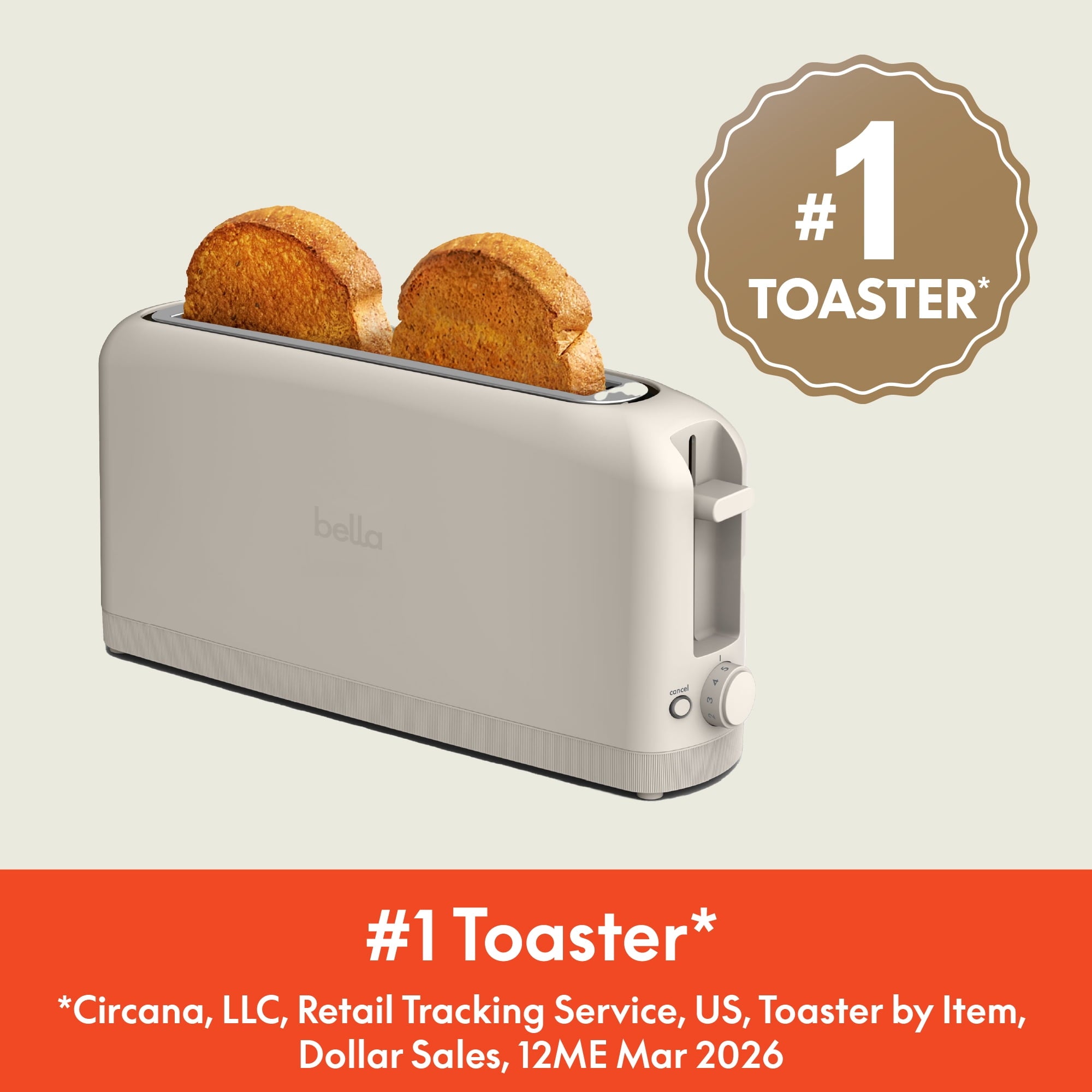 bella 2-Slice Slim Toaster with Extra Long Slot, 6 Setting Shade Control with Reheat & Cancel Buttons, Oatmilk