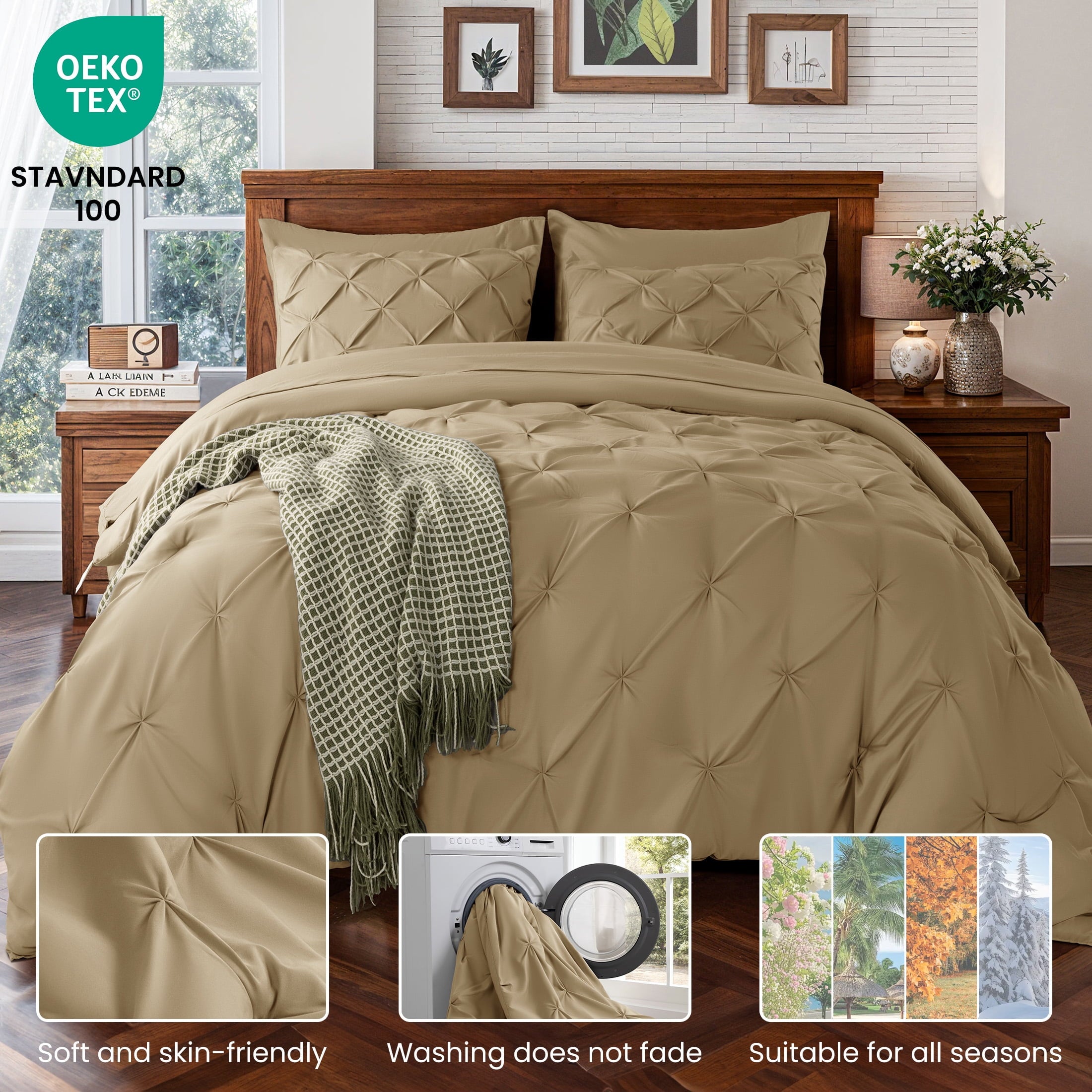 Baauye Queen Comforter Set, 7 Pieces Beige Comforters, Pintuck Bedding Sets for All Season, Bed in a Bag with Comforter, 1 Fitted Sheet, 1 Flat Sheet, 2 Pillowcases & 2 Shams