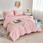 RYNGHIPY Pink Full Size Comforter Set Pom Fringe 3 Pcs Boho Chic Cute Ball Pom Blush Bedding Set Cali Soft Lightweight Solid Bed Set (1 Pom Comforter, 2 Pillowcases)