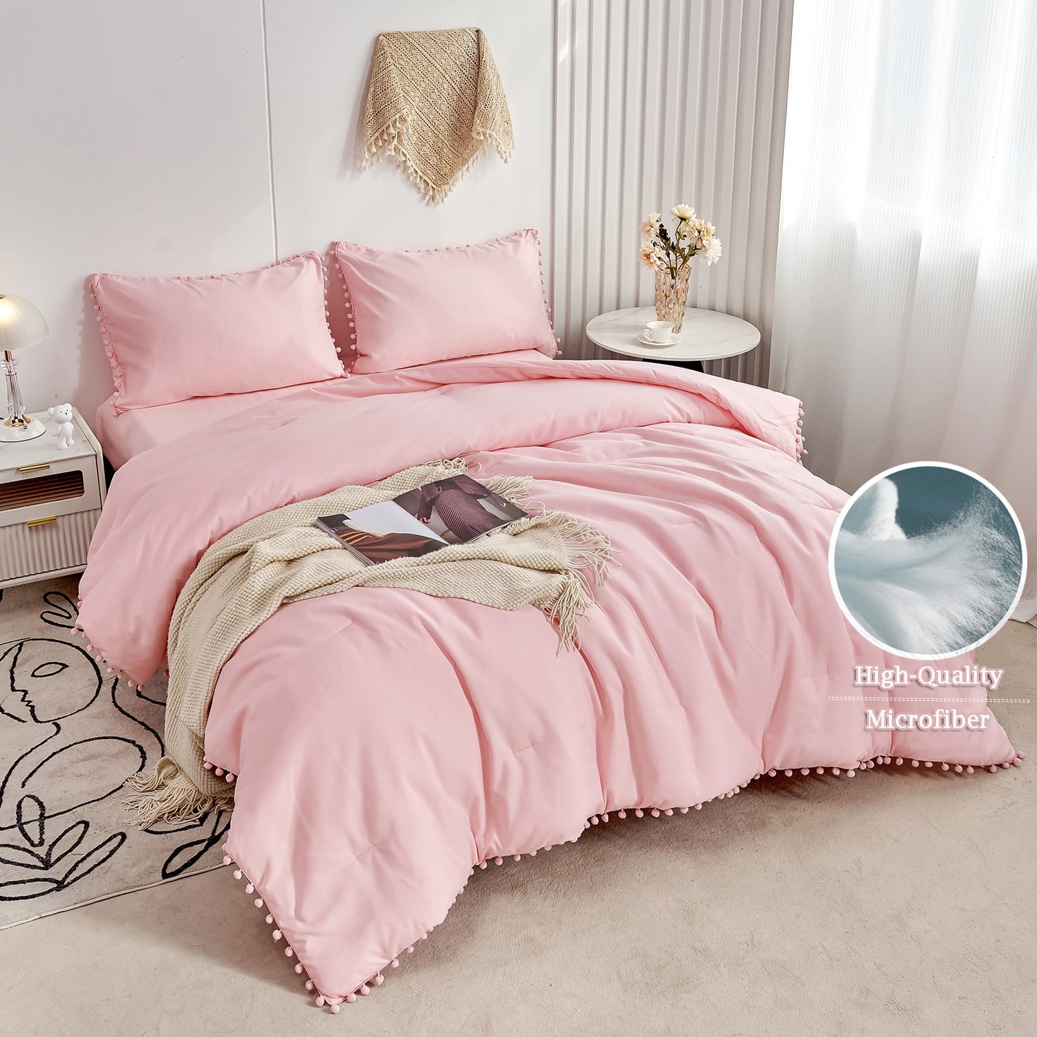 RYNGHIPY Pink Full Size Comforter Set Pom Fringe 3 Pcs Boho Chic Cute Ball Pom Blush Bedding Set Cali Soft Lightweight Solid Bed Set (1 Pom Comforter, 2 Pillowcases)