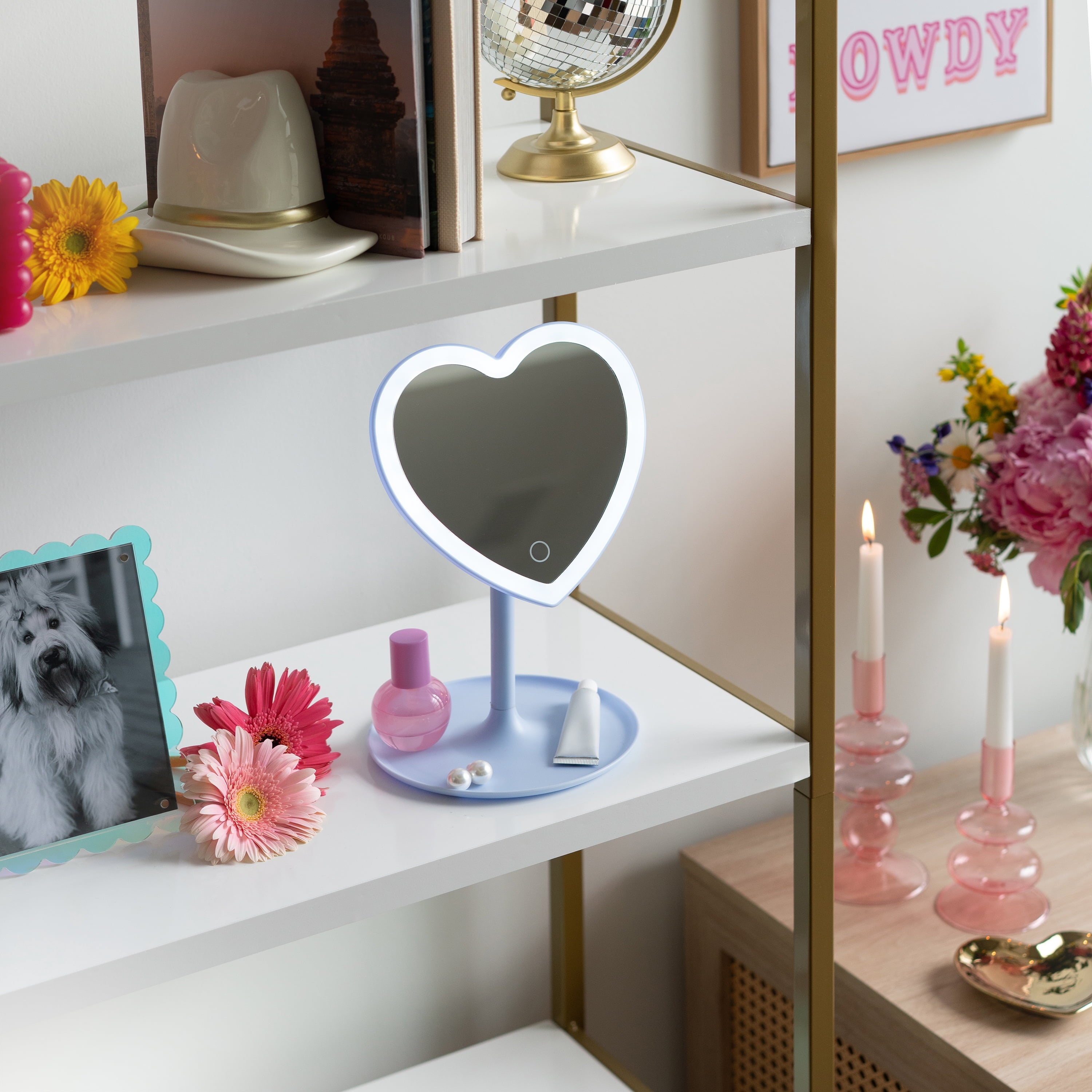 Mainstays 11.26" Tall Light Blue Plastic Frame Tabletop Heart Shaped LED Lighted Mirror with Trinket Tray