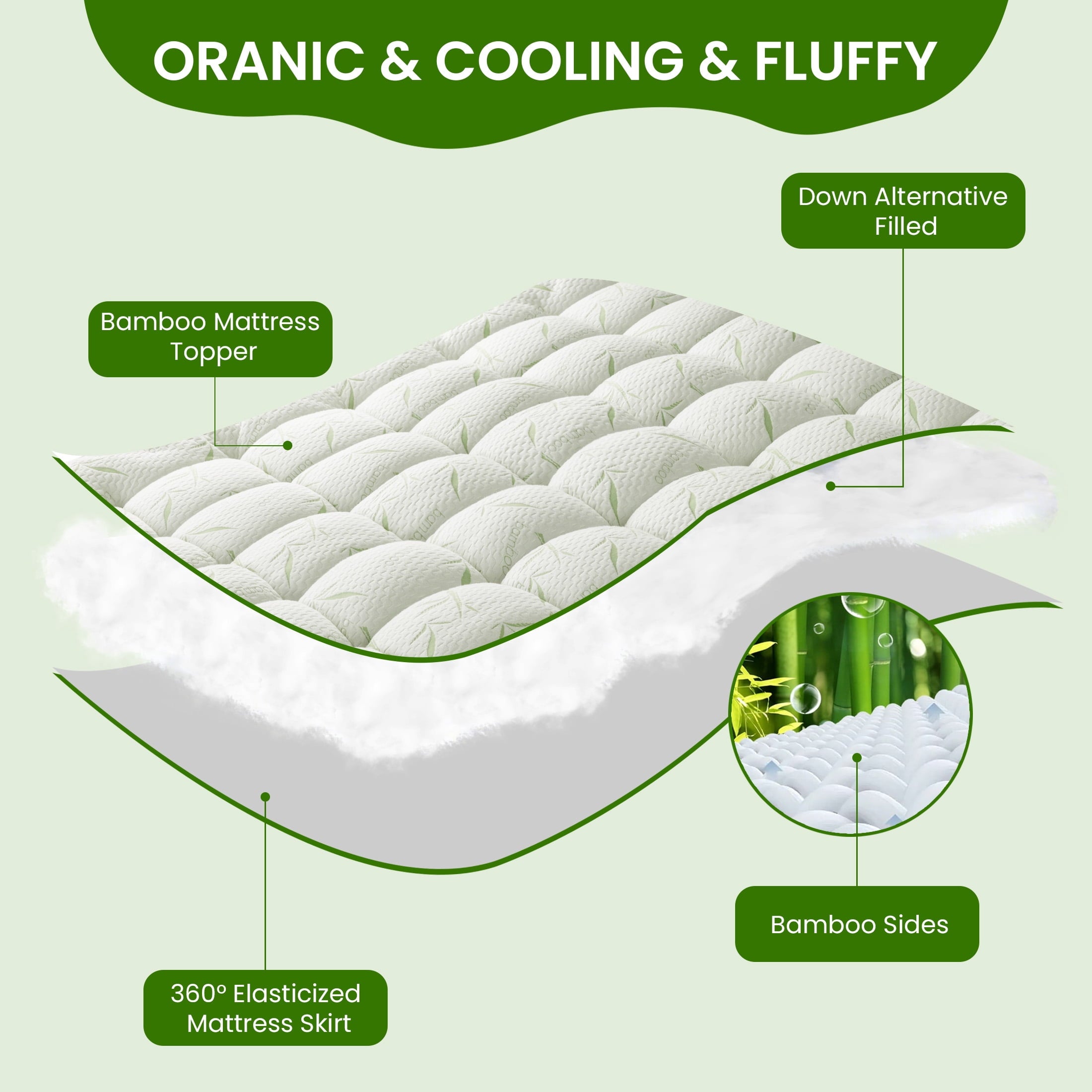 Baauye Cooling Bamboo Mattress Topper, 900GSM Quilted Mattress Pad with 8-21" Deep Pocket, King, Green