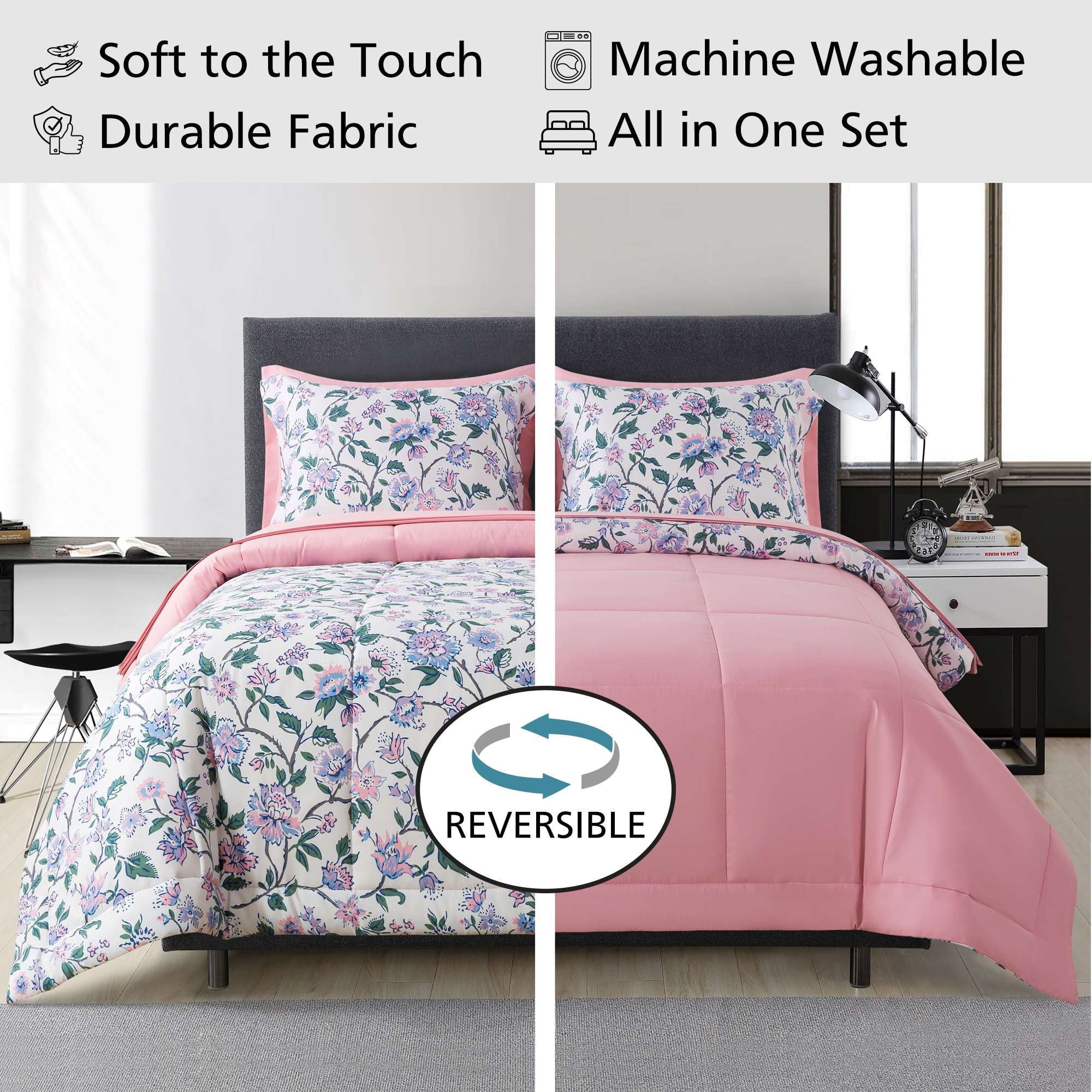 Mainstays 7-Piece Reversible Bed in a Bag with Laundry Tote, Purple Floral, Queen