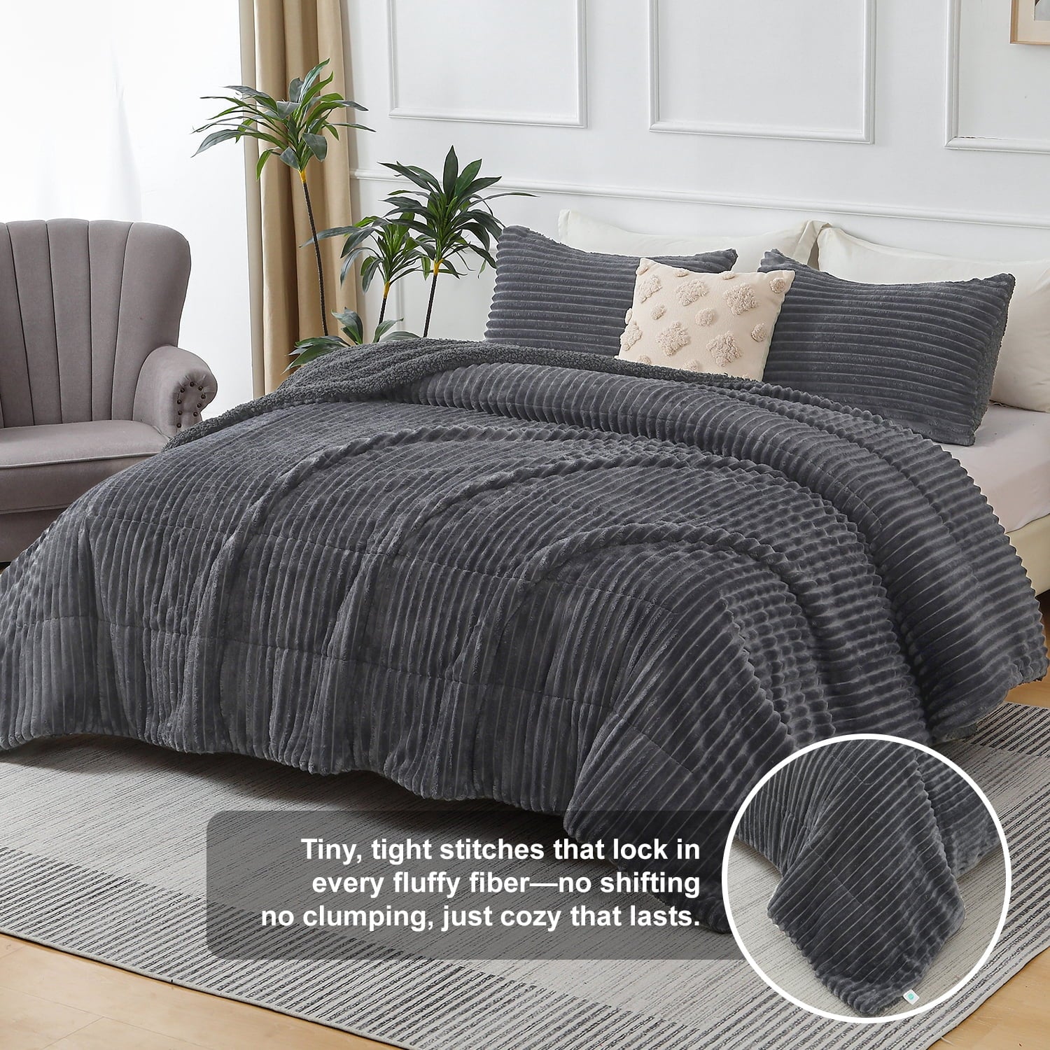 Jessy Home 3 Piece Fleece Queen Comforter Set - Soft & Warm Fluffy Dark Gray Sherpa Bedding , Fuzzy Heavy Double Sided Design Winter Comforter with 2 Pillow Cases