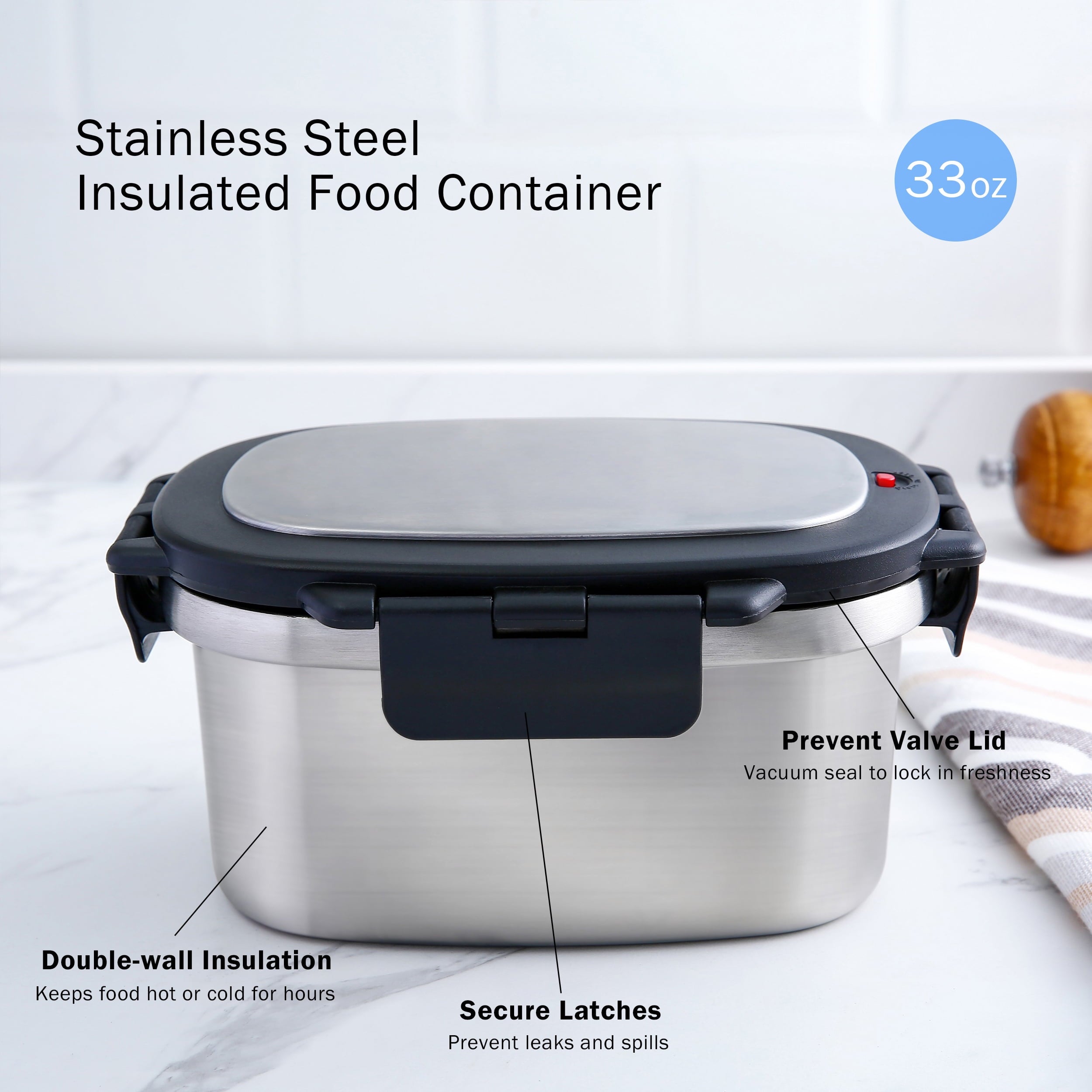 Mainstays 33 oz Insulated Stainless Steel Lunch Box Food Storage Container with Lid